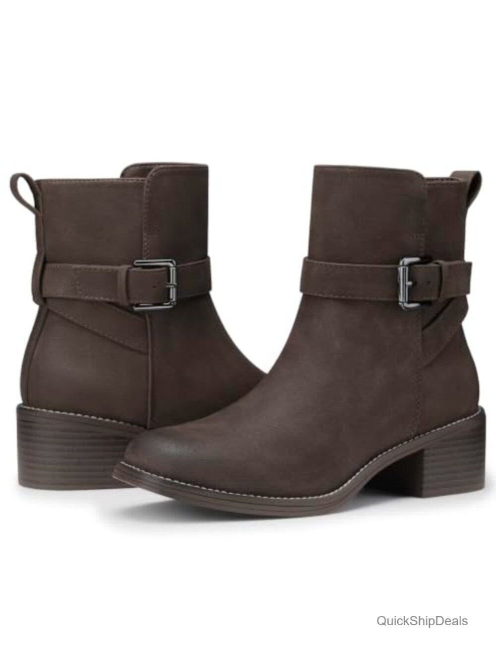Faux Leather Ankle Boots Square Toe Low Block Heel Side Zip Buckle